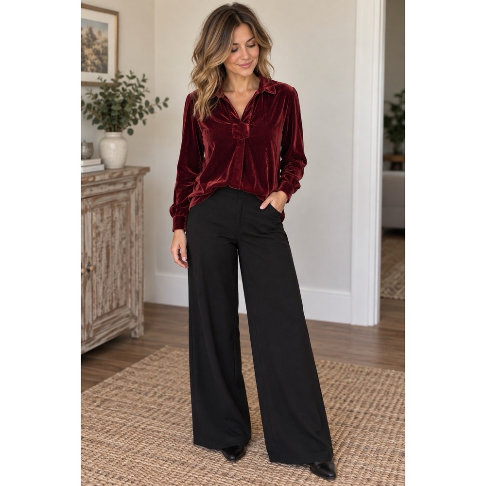 SUNDANCE Silk Blend Velvet Collared Pullover Shirt Red PM Long Sleeve Formal
